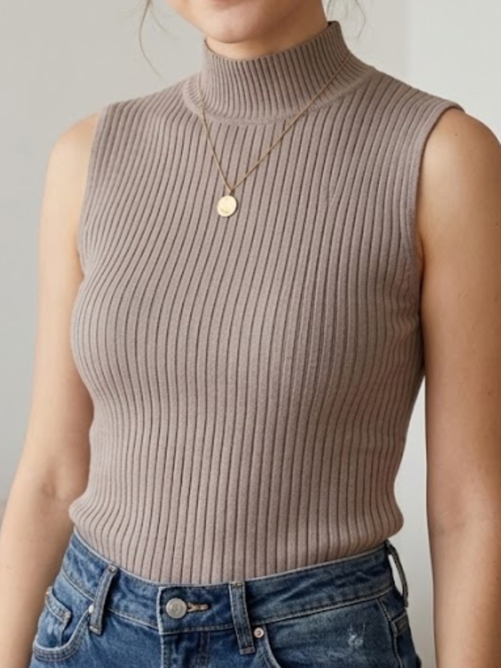 Madison Grey Sleeveless Ribbed Sweater Tank Taupe Office Classic Layering Large